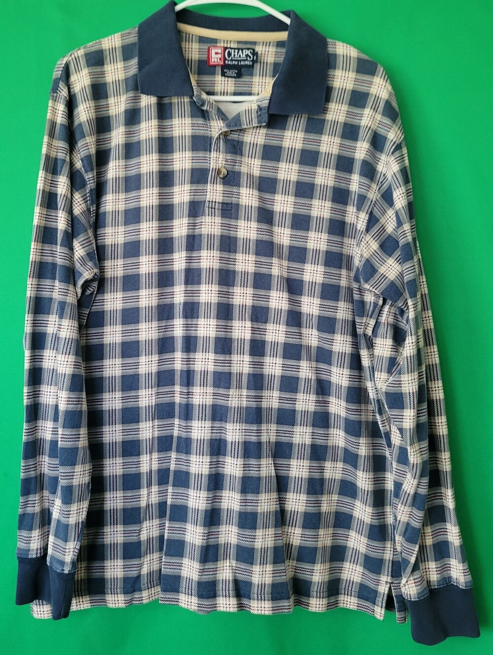 Vintage Chaps Ralph Lauren Plaid Long-Sleeve Polo Men Medium Collared Tee Shirt
